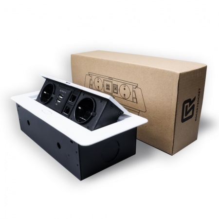 Розетка горизонтальная выдвижная 2 Euro 16A, 2 USB A с блоком 5В/2.1А, 2 RJ45 RocketSocket, проводка, цвет белый