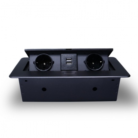 Розетка горизонтальная выдвижная 2 Euro 16A, 2 USB A с блоком 5В/2.1А RocketSocket, проводка, цвет черный