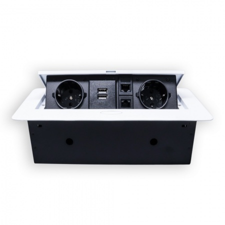 Розетка горизонтальная выдвижная 2 Euro 16A, 2 USB A с блоком 5В/2.1А, 2 RJ45 RocketSocket, проводка, цвет белый