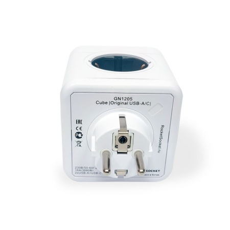Разветвитель Cube Original 4 Euro 16A, 3 USB 2A+C с блоком 5В/3.0А RocketSocket, цвет белый-серый
